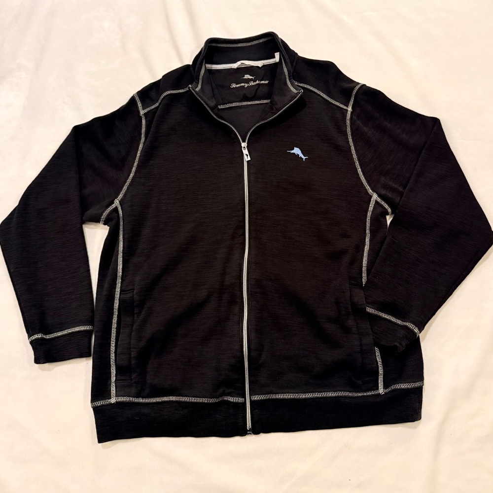 Tommy Bahama Men's Black full zip Sweatshirt with Blue Marlin Logo - Like New